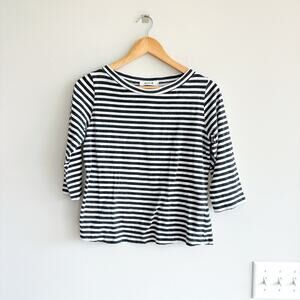ALLUDE Striped 3/4 Sleeve T-Shirt Top Gray White M